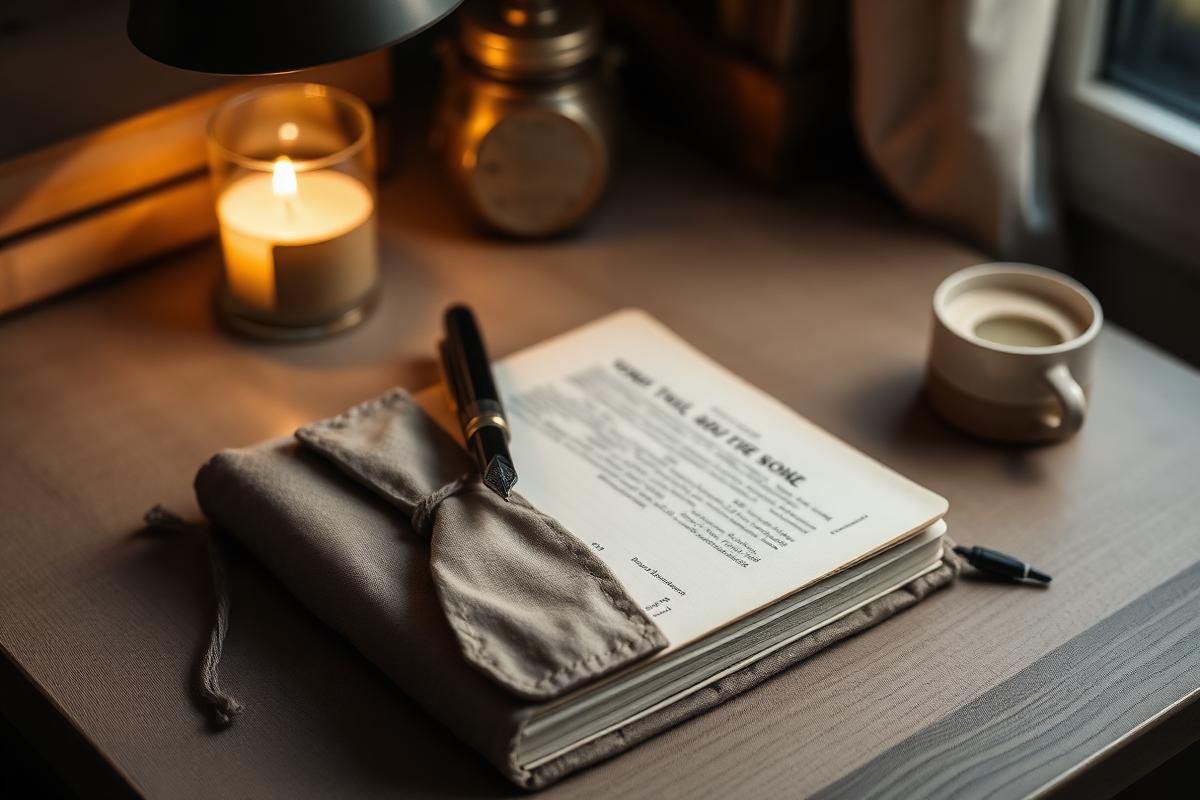 A linen-wrapped journal, pen, and candle on an evening desk