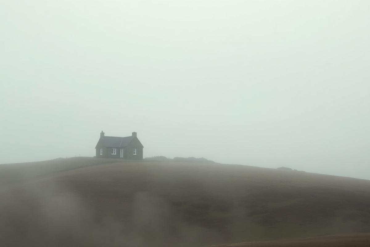 A lonely stone cottage in the foggy Scottish Highlands