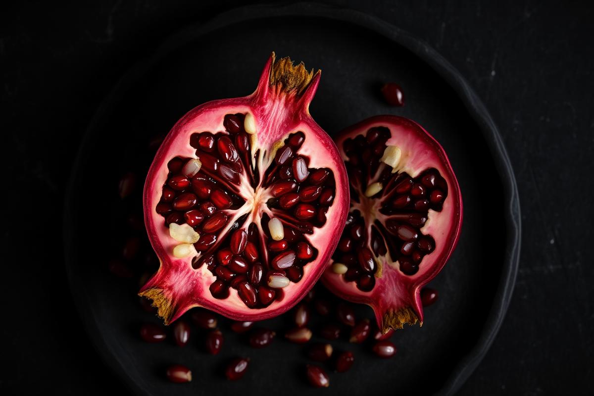 A cut pomegranate on a dark stone plate with scattered seeds