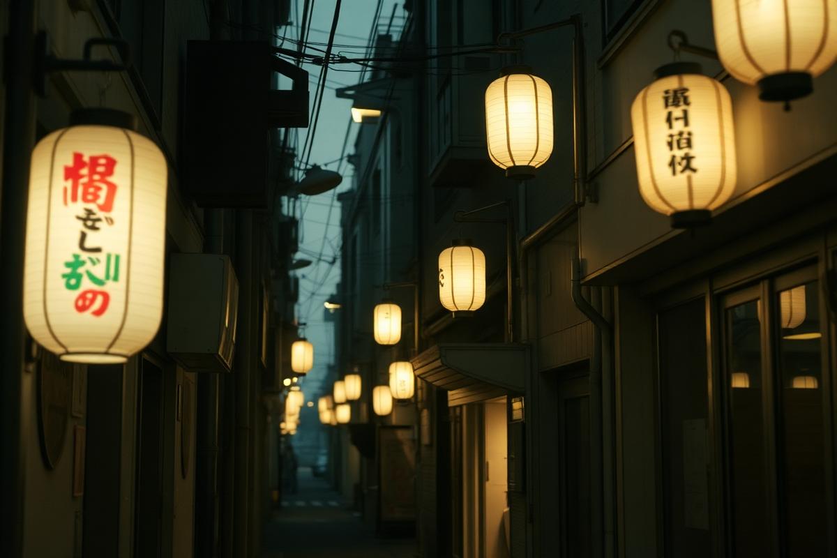 A quiet Tokyo alleyway at dusk with paper lanterns glowing softly